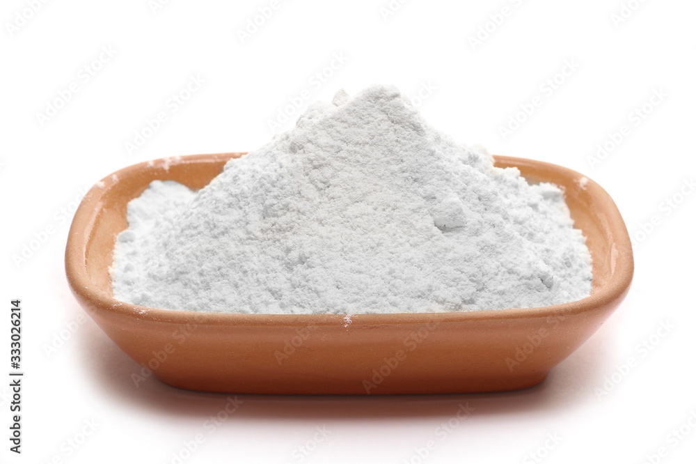 Pile of wheat flour in clay pot isolated on white background Pile of wheat flour in clay pot isolated on white background