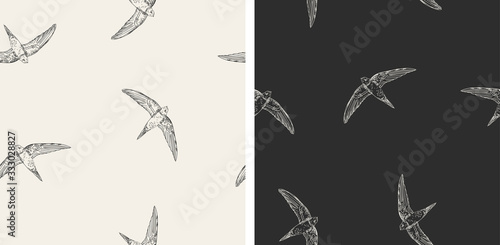 Set of 2 seamless vector pattern with flying swallows, swifts. Doodle dark background with birds