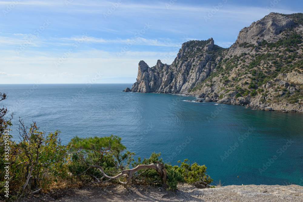 Fototapeta premium View towards Chicken-Kaya cape and Deliliman Bay, Crimea, Russia.