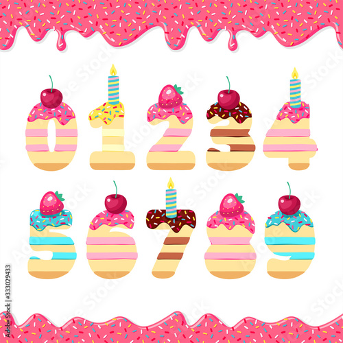 Sweet happy birthday. Font of cakes. Bakery sweet numbers with pink   glaze  berries and candles. Vector poster