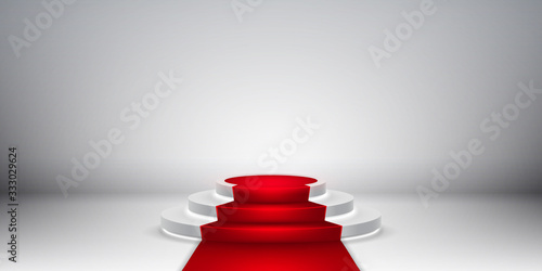 Round stage podium. Stage vector backdrop. Festive podium scene with red carpet for award ceremony. Vector illustration
