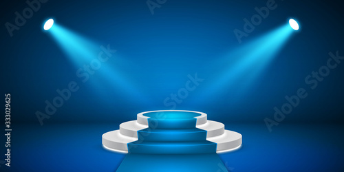 Round stage podium with light. Stage vector backdrop. Festive blue podium scene with carpet for award ceremony. Vector illustration