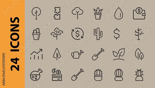 A set of Rosteniya Icons, and garden care, Vector illustration, Contains Icons such as tree, cactus, watering can, spade, flower and much more. on a white background, editable bar 480x480