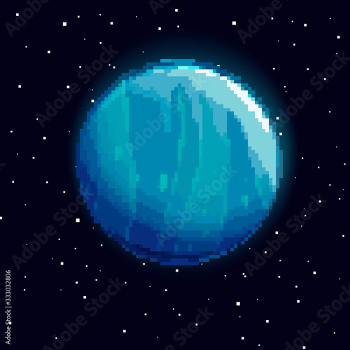 Planet in space. Retro game design interface. Retro computer stars for template or design element with pixel theme. Pixel art background. 8 bit.