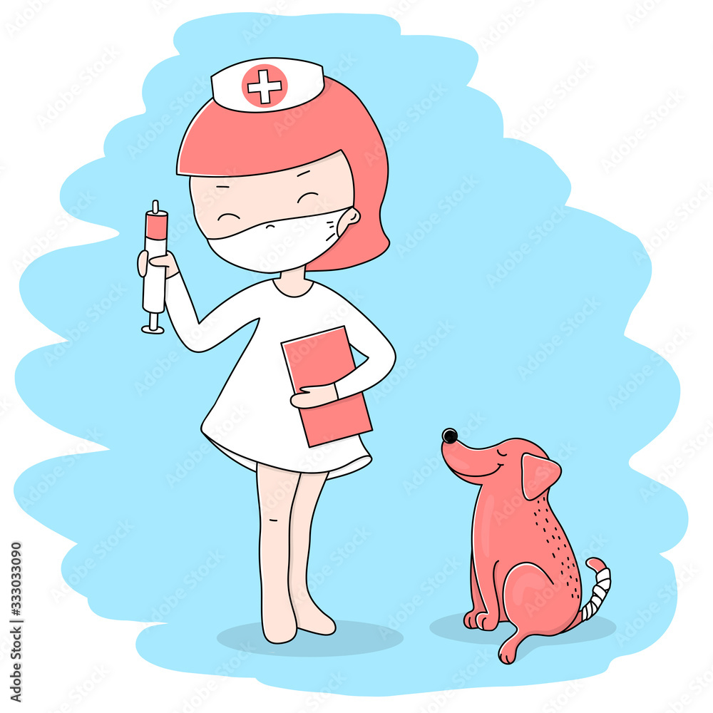 Εκτύπωση καμβά Cute little girl in a doctor's suit and mask plays doctor and treats her dog