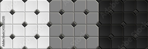 Seamless checkered patterns of vintage ceramic floor. Repeating textures of white, black, gray wall tiles background