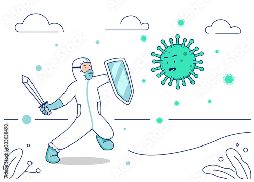 Vector illustration corona virus fight, doctor hazmat suit with warrior sword and shield fight covid coronavirus illustration