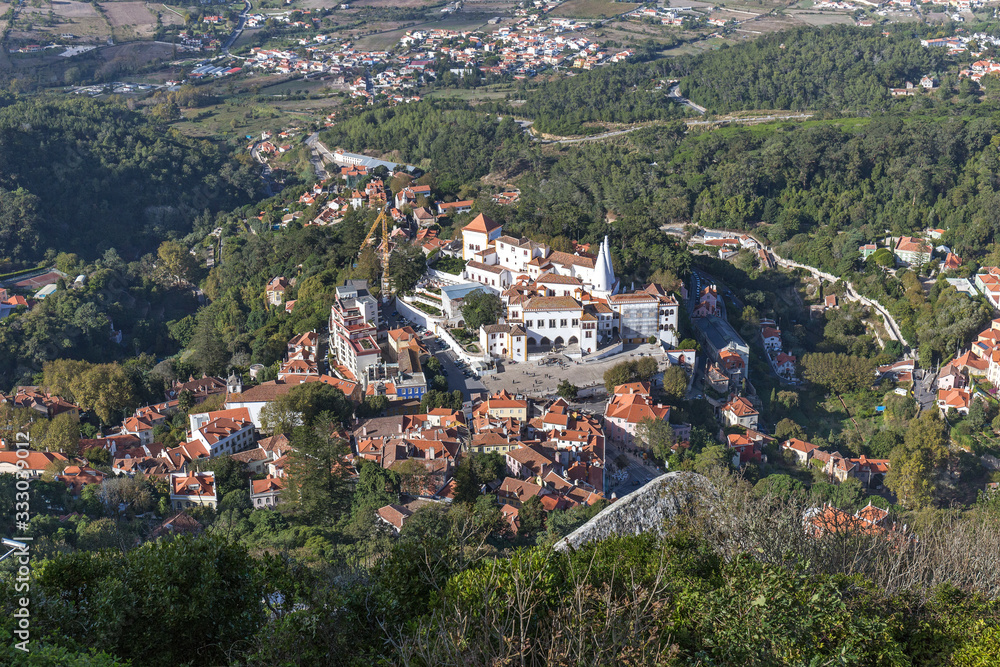 Top view of the Palace of Sintra (Palacio Nacional de Sintra), Town Palace in the town of Sintra, Lisbon District, Portugal.