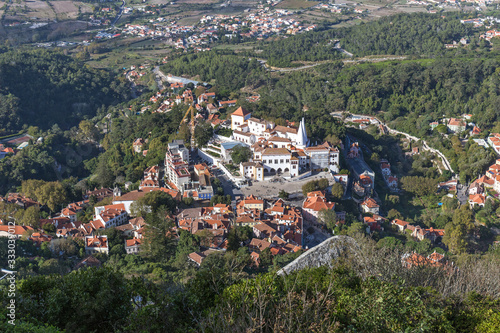 Top view of the Palace of Sintra (Palacio Nacional de Sintra), Town Palace in the town of Sintra, Lisbon District, Portugal.