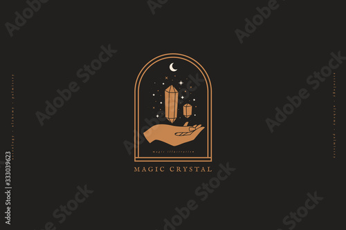 Logo template with magic crystals on black background. Magic stone quartz sparkles and hovers above the hand. Mystical retro symbols for spiritual practices of ethnic magic and astrological rites.