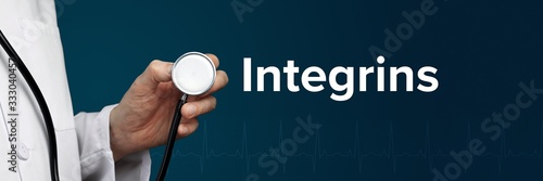 Integrins. Doctor in smock holds stethoscope. The word Integrins is next to it. Symbol of medicine, illness, health photo