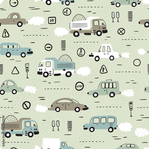 Cartoon Transportation Background for Kids. Vector Seamless Pattern with doodle Toy Cars and Traffic signs