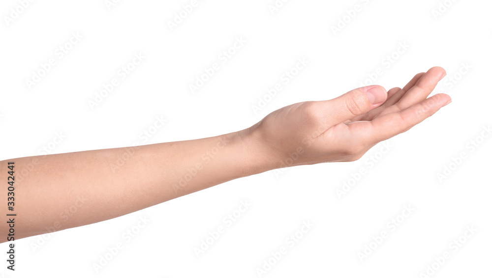 Fototapeta premium Woman against white background, closeup on hand