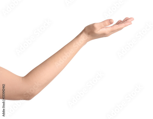 Woman against white background, closeup on hand