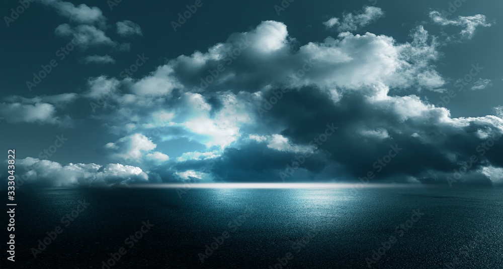 Futuristic empty night scene. Empty street scene background with abstract spotlights light. Night view of street light reflected on water. Rays through the fog. Smoke, fog, wet asphalt with reflection Futuristic empty night scene. Empty street scene background with abstract spotlights light. Night view of street light reflected on water. Rays through the fog. Smoke, fog, wet asphalt with reflection