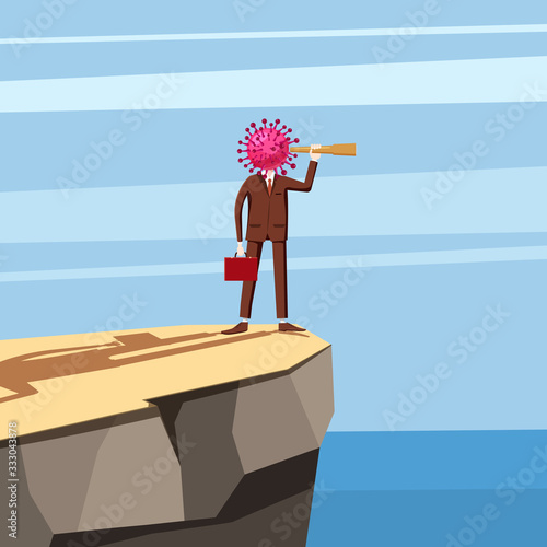 Virus character, human body head virus, standing on the edge of a cliff looking into the spyglass