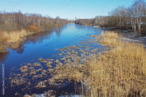 Spring river with reeds in sunny day © unww