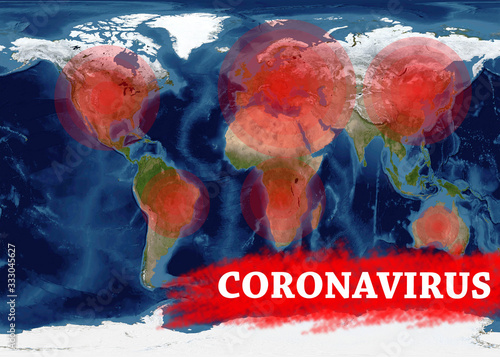 Coronavirus disease COVID-19 spread in a redcircles with word COROVAVIRUS on world global map . Novel coronavirus outbreak. Elements of this image furnished by NASA.