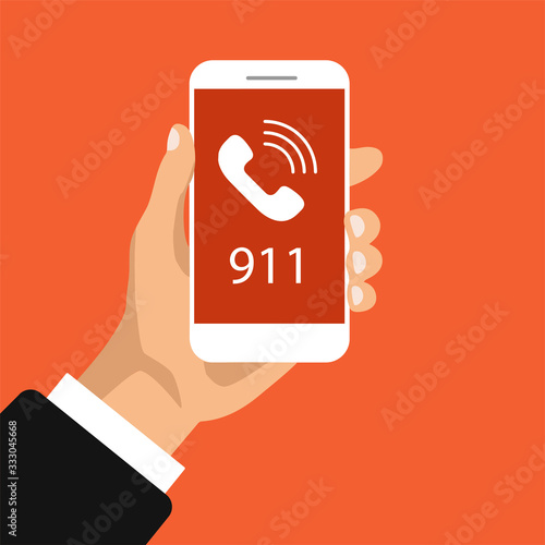 Emergency call button 911. Hand holds smartphone with calling on a screen. Vector illustration.