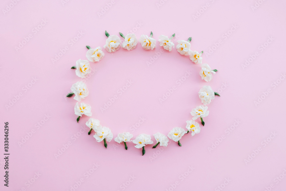 Floral frame made of beautiful fresh white daffodil flowers on pastel pink background.