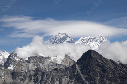 Scenic view of Mount Everest 8,848 m and Lhotse 8,516 m at gokyo ri mountain peak near gokyo lake during everest base camp trekking nepal