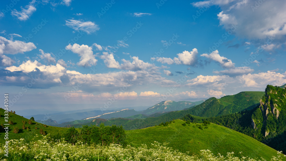 Summer landscape. Mountain with rocky peak Big Thach in summer season, Adygea, Russia.