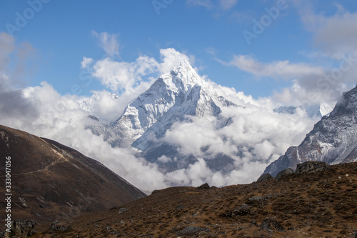 Scenic view of ama dablam mountain peak at chola lake near zongla village Everest base campe treakking  khumjung Nepal