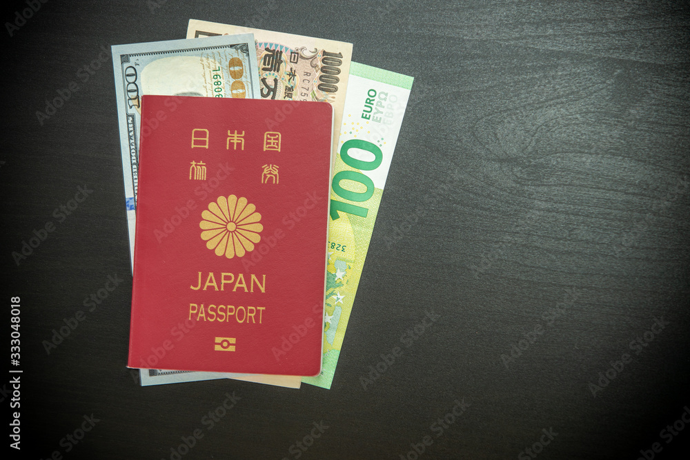 Japanese passport with some money inside, euro dollar yen Japanese passport with some money inside, euro dollar yen