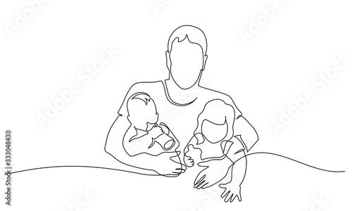 one line drawing. Father with son in hands.