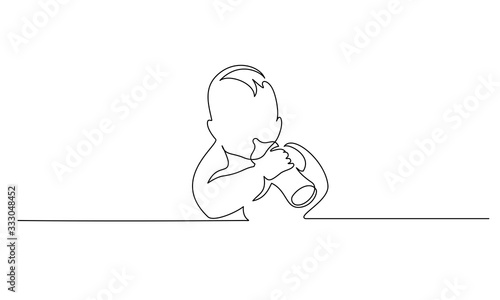 one line drawing. Joyful baby eating from bottle