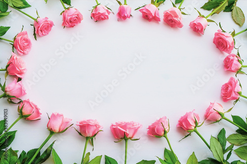 Floral frame made of fresh pink roses in full bloom on white background.