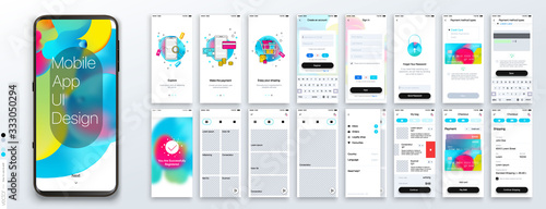 Design of the Mobile Application, UI, UX. Set of GUI Screens with Login and Password input, and screens with a choice of products, checkout, payment, delivery.