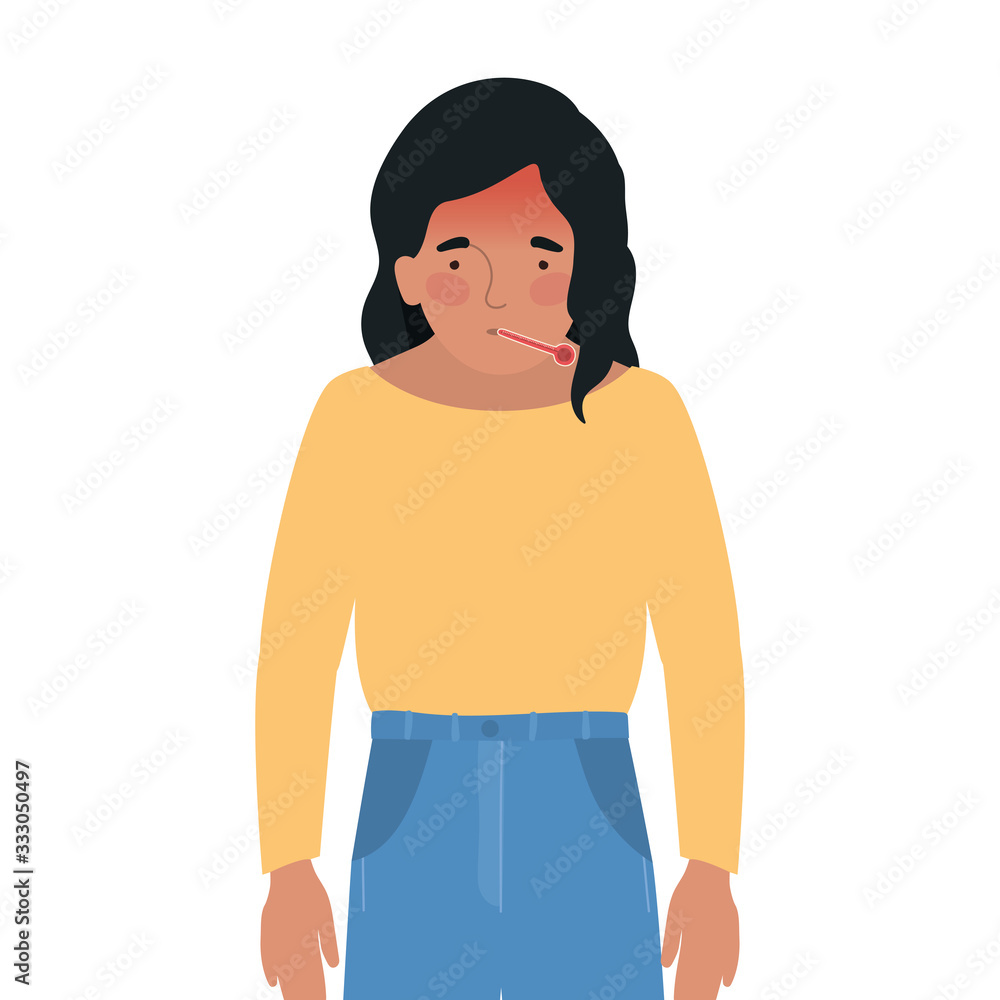 Fototapeta premium Avatar woman with fever and thermometer vector design