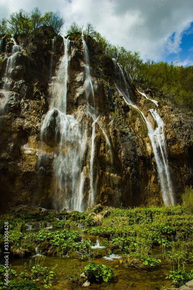 Plitivice lakes, Croatia: 24th april 2019 - Famous Plitvice lakes in Croatia, Europe, UNESCO, waterfall Plitivice lakes, Croatia: 24th april 2019 - Famous Plitvice lakes in Croatia, Europe, UNESCO, waterfall
