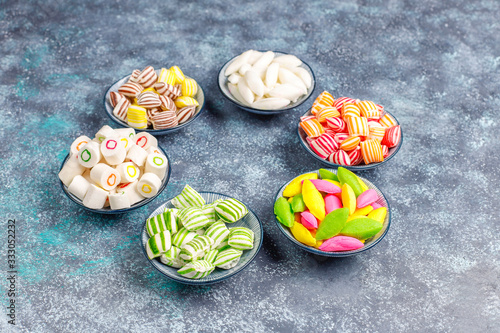 Different colorful sugar candies,top view