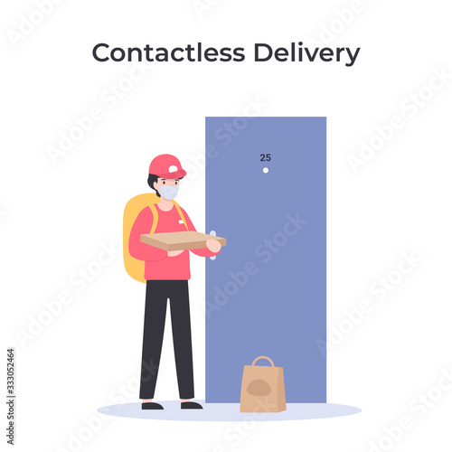 Contactless delivery, courier in medical mask with pizza near door. Ncov, covid 2019, Coronovirus collection. Novel Coronavirus pandemic. Flat vector cartoon modern design illustration.
