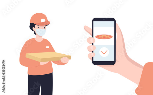Food delivery service. Mobile application. Young male courier in medical face mask with pizza box. Flat vector modern illustration.
