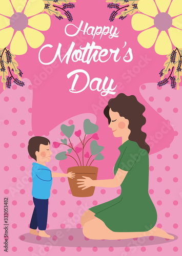 beautiful mother with son giving houseplant floral frame mothers day card