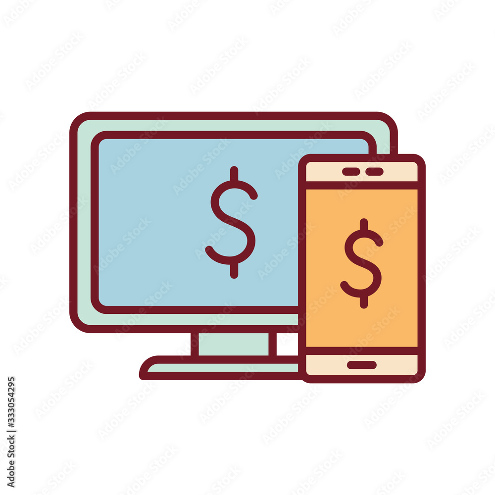 Isolated computer and smartphone with dollar symbol line and fill style icon vector design Isolated computer and smartphone with dollar symbol line and fill style icon vector design