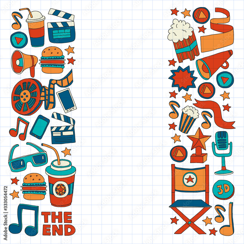 Obraz premium Online cinema vector icons. Background with popcorn, movie illustration, musical notes.