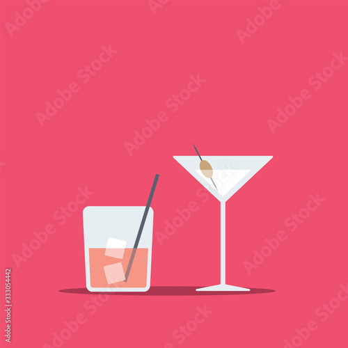 Flat martini cocktail and whiskey glass isolated on pink background. Illustration of alcohol drinks in glass. Vector template with copy space and design