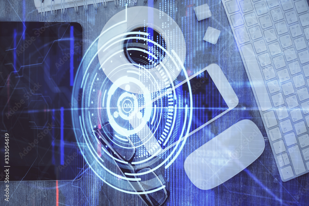 Obraz premium Multi exposure of technology theme drawing over work table desktop. Top view. Global data analysis concept.