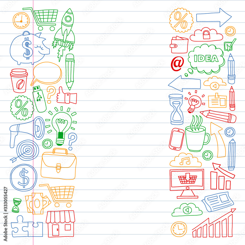 Online business and management school. Pattern with finance icons. Projects organization, risk, development. Team working, budget planning. Online business and management school. Pattern with finance icons. Projects organization, risk, development. Team working, budget planning.