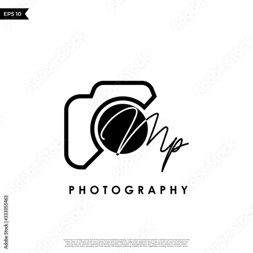 Initial Letter MP with camera. Logo photography simple luxury vector.