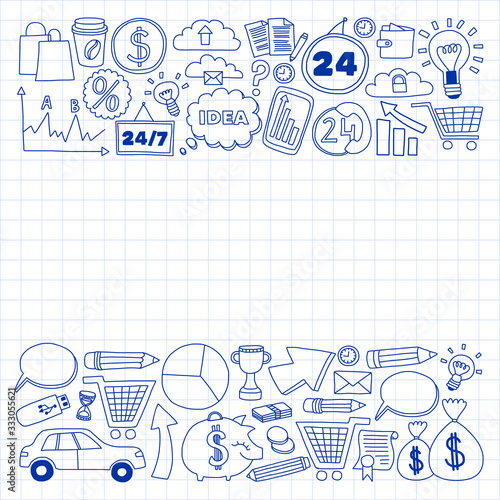 Online business and management school. Pattern with finance icons. Projects organization, risk, development. Team working, budget planning.