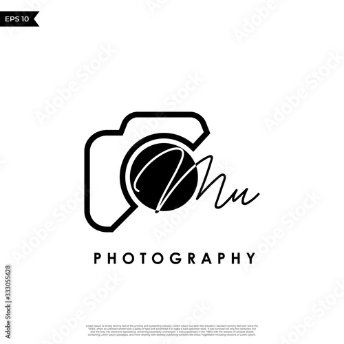 Initial Letter MU with camera. Logo photography simple luxury vector.