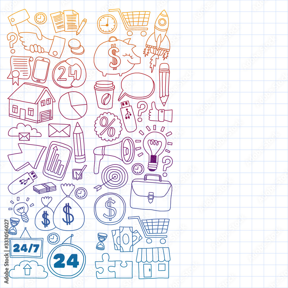 Online business and management school. Pattern with finance icons. Projects organization, risk, development. Team working, budget planning. Online business and management school. Pattern with finance icons. Projects organization, risk, development. Team working, budget planning.