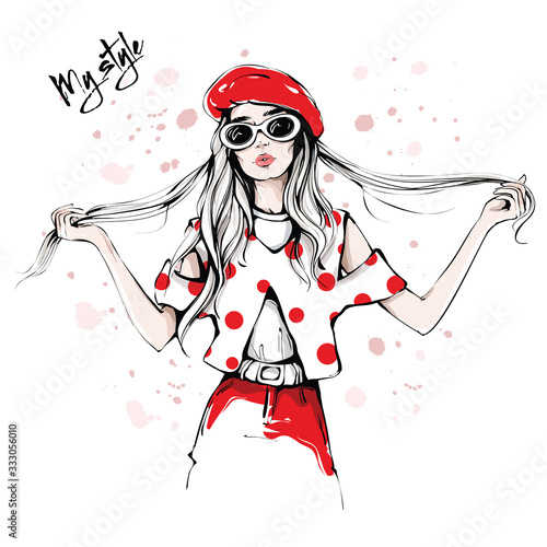 Hand drawn beautiful young woman in sunglasses and red beret. Fashion woman in spotted shirt. Stylish girl holding her long hair. Fashion woman look. Sketch. Vector illustration.