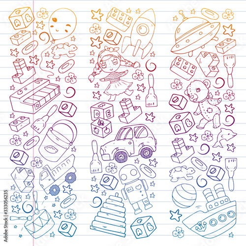 Vector pattern with toys for little children. Kindergarten kids playing with doll, dinosaur, submarine, airplane, car.