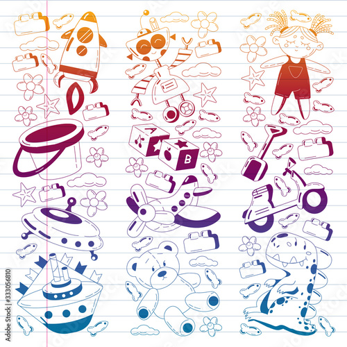 Vector set with toys icons. Pattern for kindergarten, little children. Kids playing.